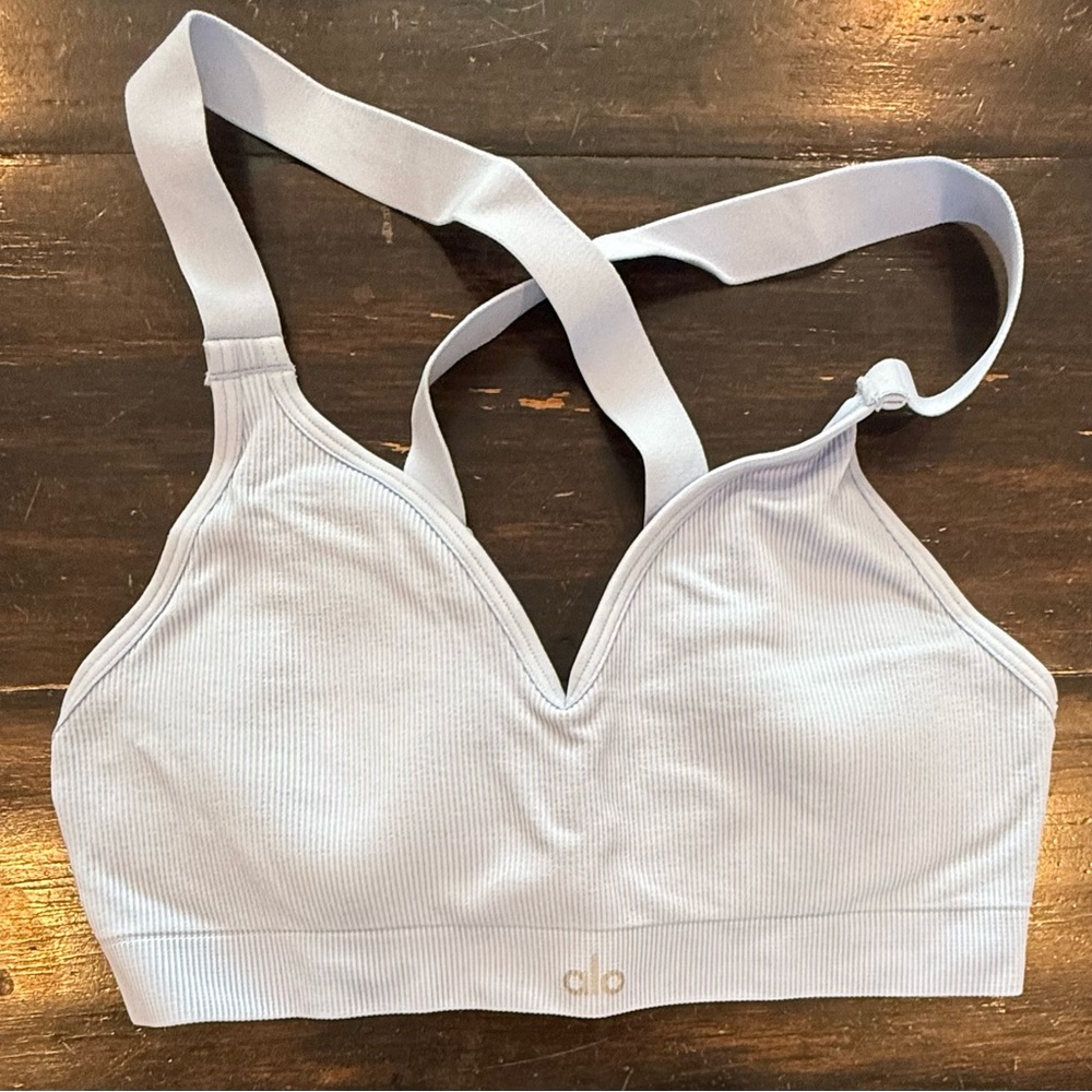 Alo yoga “seamless ribbed favorite bra” in seashell blue